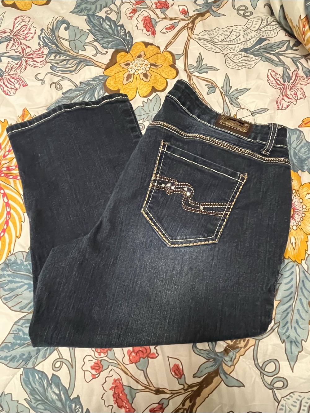 Women’s Dark Blue Bootcut Jeans with Decorative Pocket Stitching